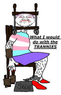 chains chair closed_mouth clothes crying dress flag:transgender_pride_flag full_body glasses hair hairy lipstick lock makeup pink_hair red_eyes rope shackle soyjak stubble text torture tranny variant:bernd weight // 768x1200 // 157.5KB