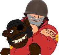 buff choke_hold clothes combat_helmet demoman_(tf2) eyepatch headlock helmet meta:not_a_soyjak negro red_shirt sheeeit smile soldier soldier_(tf2) strangling subvariant:chudjak_front swastika team_fortress_2 teeth the_weak_should_fear_the_strong total_nigger_death tyrone variant:chudjak video_game // 499x461 // 123.6KB