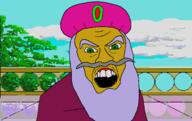 angry beard brown_skin cdi clothes eyebrows glasses green_eyes gwonam mustache open_mouth purple_hair soyjak the_legend_of_zelda turban variant:feraljak video_game // 2292x1440 // 88.1KB