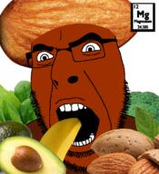 angry avocado banana broccoli brown_skin chemistry clothes eating element food fruit glasses hat lettuce magnesium nut open_mouth soyjak text variant:cobson // 721x789 // 683.5KB