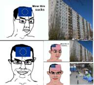 2soyjaks amerimutt angry brown_skin closed_mouth comic commieblock country ear europe european_union flag hair irl smile smug subvariant:chudjak_front text united_states variant:chudjak // 680x615 // 460.1KB