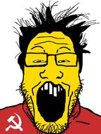 asian buck_teeth clothes communism glasses hair hammer_and_sickle open_mouth small_eyes soyjak stubble variant:markiplier_soyjak yellow_skin // 600x800 // 23.4KB
