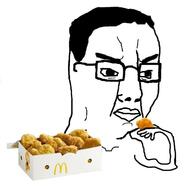angry arm chicken_nuggets closed_mouth food hair hand holding_object mcdonalds soyjak variant:chudjak // 743x770 // 61.6KB
