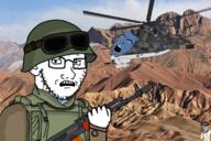 3soyjaks afghanistan angry army brown_skin clothes ear glasses gun helicopter helmet holding_object irl_background military open_mouth russia smug soviet_afghan_war soviet_union soyjak striped_clothing stubble uniform variant:chudjak variant:cobson variant:soyak war // 750x500 // 677.3KB