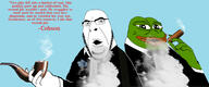 bald blue_background cigar clothes frog glasses lips pepe pipe quote smoke stubble suit tuxedo variant:cobson // 3437x1431 // 604.3KB