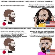 2soyjaks beard bloodshot_eyes brown_hair clothes crying excited flag game_journalist glasses hair hand hands_up japan kotaku mustache nordic_chad open_mouth politics polygon soyjak soyjak_comic star text united_states variant:classic_soyjak video_game white_skin wordswordswords yellow_hair // 960x960 // 453.2KB
