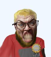 ai_generated angry badge glasses nate realistic red_shirt teeth variant:feraljak yellow_hair // 540x600 // 232.8KB