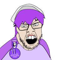 angry badge clothes glasses hair hat ice_poseidon mustache oldfag open_mouth purple_hair soyjak streamer stubble text twitch variant:feraljak white_skin // 1500x1500 // 96.3KB