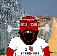 angry arm barbed_wire beard clothes crown desert fume glasses i_love irl_background open_mouth red science soyjak text tshirt variant:science_lover // 1064x1049 // 275.6KB
