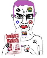 angry antifa arm book closed_mouth clothes communism ear glasses hammer_and_sickle holding_book holding_object judaism karl_marx leftypol manifesto pride_flag progress_pride_flag purple_hair queen_of_spades star_of_david subvariant:obsessedchud swastika text tranny variant:chudjak // 459x567 // 83.3KB