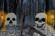 2soyjaks axe forest graveyard halloween holding_object irl_background lantern open_mouth pitchfork skeleton skull snow soyjak variant:feraljak variant:markiplier_soyjak // 473x315 // 229.8KB