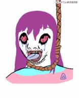 animated bloodshot_eyes crying dead distorted hair hanging inverted large_eyes long_hair open_mouth pedophile poyopoyo purple_hair rope soyjak stubble subvariant:commiepedotroon suicide tranny variant:kuzjak // 326x400 // 86.9KB