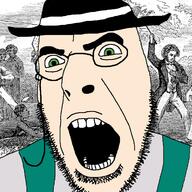 buck_breaking clothes drawn_background glasses green_eyes hat history open_mouth slave soyjak stubble variant:cobson white_skin // 721x720 // 370.5KB