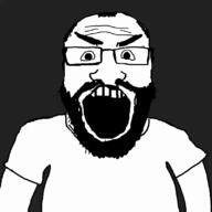 angry animated arm balding beard clothes fume glasses hair open_mouth red smoke soyjak steam tshirt variant:science_lover // 800x800 // 9.9MB