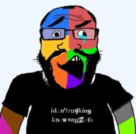 angry beard black_shirt clothes colorful crying glasses happy open_mouth sad soyjak subvariant:science_lover variant:markiplier_soyjak // 800x789 // 131.8KB