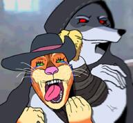 animal cat choking clothes crying death_(puss_in_boots) feather green_eyes hat hood open_mouth orange_skin puss_in_boots red_eyes soyjak strangling variant:bernd wolf // 900x831 // 725.1KB