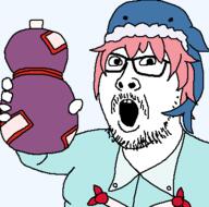 anime arm bottle clothes glasses hand hat holding_object meta:tagme okunoda_miyoi open_mouth pink_hair soyjak stubble touhou variant:unknown video_game whale // 365x362 // 34.6KB