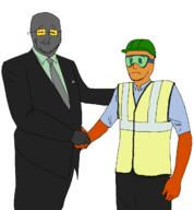 2soyjaks arm closed_eyes closed_mouth clothes froot glasses goggles grey_skin hard_hat hat necktie orange_skin soot soot_colors soyjak_party stubble suit the_office // 1218x1312 // 44.4KB