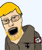 blue_eyes clothes cross glasses hair nazism open_mouth soyjak stubble swastika variant:finnjak white_skin yellow_hair // 822x989 // 160.5KB
