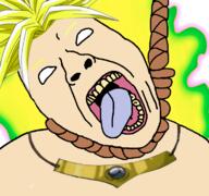 anime broly_culo dead dragon_ball dragon_ball_z glowing hair hanging open_mouth rope soyjak suicide tongue variant:bernd white_skin yellow_hair yellow_teeth // 768x719 // 277.6KB