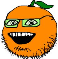 annoying_orange food froot fruit glasses leaf open_mouth orange orange_(fruit) smile soyjak stubble variant:unknown // 390x400 // 8.5KB