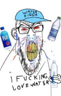 angry arm bloodshot_eyes bottle cap clenched_teeth clothes ear glasses hand hat holding_object i_love mustache soyjak stubble text variant:feraljak vein water waterjak yellow_teeth // 894x1400 // 860.8KB