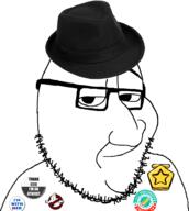 alternate atheism badge closed_mouth clothes coronavirus_pandemic eyebrows fedora ghostbusters glasses hat hillary_clinton lips megamind reddit_gold redraw smile smug soyjak stubble vaccine variant:smugjak // 845x943 // 223.8KB