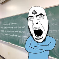 arm bbc blackboard blue_shirt chalkboard clothes crossed_arms glasses irl_background open_mouth queen_of_spades school soyjak stubble teacher text variant:cobson // 839x850 // 406.5KB