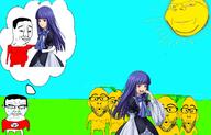 anime bernkastel closed_eyes closed_mouth crying drawn_background glasses its_over lemon multiple_soyjaks open_mouth stubble subvariant:chudjak_front subvariant:wholesome_soyjak sun text thought_bubble umineko variant:chudjak variant:gapejak variant:nojak video_game // 1400x900 // 622.3KB