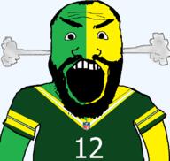 aaron_rodgers angry balding beard clothes football football_jersey forehead_lines forehead_wrinklesink fume green_bay_packers green_skin nfl open_mouth soyjak steam subvariant:science_lover variant:markiplier_soyjak yellow_skin // 800x757 // 84.6KB