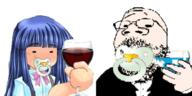 alcohol anime baby binky bleach blue_hair bowtie clothes furude_rika glass glasses higurashi holding_object low_quality pacifier purple_hair small_eyes stubble suspenders toast tuxedo variant:gapejak white_background wine wine_glass // 1000x500 // 85.9KB
