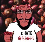 angry arm balding beard closed_mouth clothes fist food glasses hair hand holding_object i_hate onion punisher_face red_skin soyjak text tshirt variant:science_lover vegetable // 1017x935 // 1.1MB