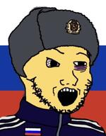 bloodshot_eyes clothes communism country flag hammer_and_sickle hat russia soyjak star stubble track_suit ushanka variant:classic_soyjak yellow_skin // 802x1024 // 118.6KB