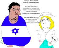 3soyjaks acne baby blue_eyes breastfeeding breasts brown_skin closed_mouth clothes country distorted fat flag full_body glasses hair hat heart i_love israel judaism large_nose merge nsfw pacifier smile stinky subvariant:gapejak_female subvariant:hornyson text variant:chudjak variant:cobson variant:gapejak white_skin yellow_hair // 1536x1258 // 422.5KB