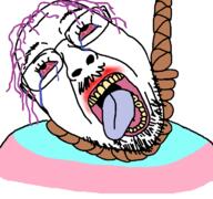 bloodshot_eyes crying dead flag glasses hair hanging mustache open_mouth purple_hair rope soyjak stubble suicide template tongue tranny variant:bernd yellow_teeth // 768x719 // 52.9KB