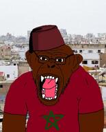 clothes country countrywar ear fangs fez flag glasses hat irl_background morocco open_mouth soyjak star stubble teeth tongue tshirt variant:monkeyjak // 720x891 // 50.7KB