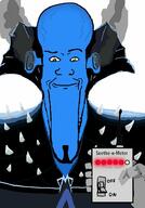 beard blue_skin closed_mouth clothes dreamworks ear fume green_eyes hand holding_object megamind seething soyjak stretched_chin variant:markiplier_soyjak // 640x918 // 86.7KB