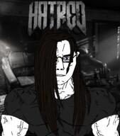 angry black_and_white blue_eyes buff closed_mouth clothes ear glasses grayscale hair hatred_(game) long_hair soyjak subvariant:chudjak_front text tshirt variant:chudjak vein video_game // 1059x1200 // 492.9KB
