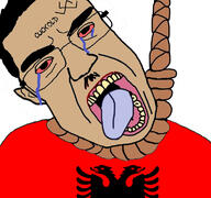 albania bloodshot_eyes brown_skin crying glasses hair hanging mustache open_mouth rope soyjak subvariant:chudjak_front suicide swastika text tongue variant:chudjak yellow_teeth // 768x719 // 324.5KB
