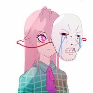 anime bloodshot_eyes clothes crying female frown glasses hata_no_kokoro mask meta:tagme necktie pink_eyes pink_hair soyjak stubble touhou variant:unknown video_game // 1843x1843 // 208.1KB
