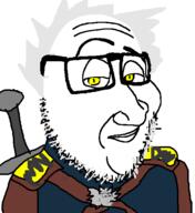 2soyjaks closed_mouth clothes glasses grey_hair hair smug soyjak stubble sword the_witcher variant:smugjak video_game witcher yellow_eyes // 510x556 // 21.5KB