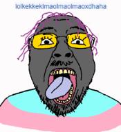 animated clothes flag glasses grey_skin hair lolkek mustache open_mouth purple_hair soot_colors soybooru soyjak stubble text tongue tranny variant:bernd yellow_teeth // 434x475 // 30.0KB