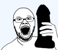 arm dildo glasses hand holding_object open_mouth soyjak stubble variant:unknown // 586x511 // 58.4KB