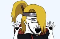 animated anime arm blue_eyes clothes deidara glasses hair hand hands_up headband multiple_mouths naruto open_mouth soyjak stubble tagme_weeb_name variant:classic_soyjak yellow_hair // 1200x787 // 220.3KB