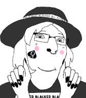 bbc blacked blush closed_mouth clothes female femjak glasses hair hand hat nose_piercing painted_nails queen_of_spades smile smirk soyjak subvariant:female_cobson tattoo variant:cobson // 962x1094 // 86.5KB