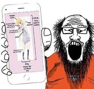 anime balding beard clothes fat glasses holding_object jumpsuit loli old open_mouth pedophile phone prisoner soyjak stubble sweating text variant:markiplier_soyjak yellow_hair // 750x709 // 91.1KB