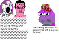 2soyjaks anger_mark angry bant_(4chan) bloodshot_eyes crying food frog fruit glasses grape hair open_mouth painted_nails pepe pointing pointing_at_viewer purple_hair soyjak stubble subvariant:chudjak_front sweating text tranny variant:chudjak variant:gapejak vein yellow_teeth // 2630x1781 // 1.4MB