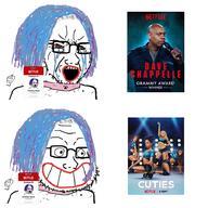 bloodshot_eyes blue_hair clothes crying cuties dave_chappelle glasses grin hair makeup netflix open_mouth smile so_true soyjak stubble tranny tv_(4chan) variant:classic_soyjak // 900x900 // 634.9KB