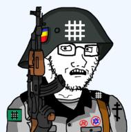 ak-47 christianity clothes communism fascism firearm glasses glove gun holding_gun holding_object holding_rifle iron_guard judaism legion no_sign open_mouth orthodox orthodox_cross rifle romania soldier stubble variant:soyak war weapon // 1062x1073 // 86.6KB