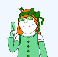 arm_warmers bowtie clothes female froot glasses glove headband holding_object looking_at_you orange_hair popsicle soyjak subvariant:soylita variant:gapejak // 1436x1408 // 88.5KB